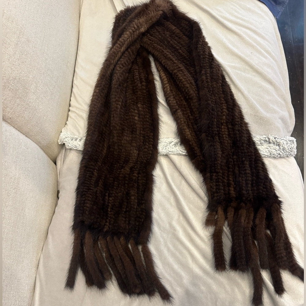 Woven Mink Luxurious Dark Brown Fur Scarf with Fringe